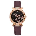 Women's quartz watch with purple leather strap and butterfly dial in rose gold case - Purple