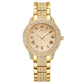 Elegant gold ladies watch with full rhinestones and roman numerals on white background - Gold