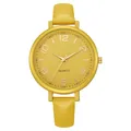 Close-up of bright yellow leather strap watch with minimalist quartz analog dial - Yellow