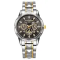 Macro shot of silver and gold stainless steel band with detailed skeleton watch dial - Two-tone Gold Black