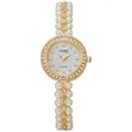 Detailed view of the luxury pearl bracelet strap and sparkling rhinestone bezel on the watch - Gold