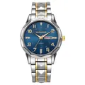 Dettaglio del quadrante blu strutturato con indici dorati e finestra data dell'orologio - Blu