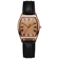 Vintage tonneau quartz watch for women with rose gold case and black leather strap - Black