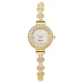 Close-up of gold quartz watch featuring a crystal bezel and petal-shaped bracelet links - Gold