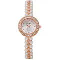 Elegant rose gold women's watch with pearl beaded strap and diamond-encrusted bezel - Rose Gold
