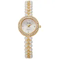 Detailed macro view of an elegant gold quartz watch with pearl bead bracelet and rhinestones - Gold