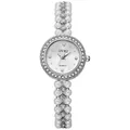 Macro shot of OUKI quartz watch featuring rhinestone bezel and white pearl bracelet band - Silver