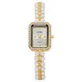 Elegant gold pearl strap watch for women with a rectangular crystal-encrusted dial - Gold