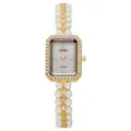 Close-up of rectangular gold watch case with diamond bezel and pearl chain strap - Gold