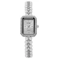 Close-up of rectangular quartz watch with pearl strap and diamond-encrusted silver bezel - Silver