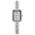 Macro view of rectangular mother-of-pearl watch face with crystal bezel and pearl strap - Silver