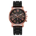 Reloj de cuarzo Geneva para mujer con caja de oro rosa, esfera negra y correa de silicona - Negro