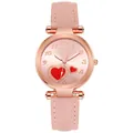 Pink leather strap quartz watch for women with rose gold case and heart dial detail - Pink