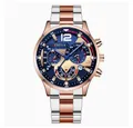Men's quartz watch with silver and rose gold steel band and blue chronograph dial - Rose Gold Bi-color