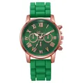 Detail of emerald green silicone strap and rose gold roman numeral quartz watch - Army Green