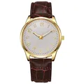 Detailed macro view of quartz watch with gold metal case and brown leather strap - White Dial Brown Strap