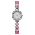 Detailed view of silver ladies watch with crystal bezel and pink leaf-shaped chain links - Pink