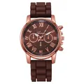 Detailed macro view of the brown silicone strap with embossed texture on quartz watch - Brown
