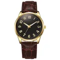 Macro detail of men's business watch with black dial, gold numerals, and brown leather strap - Black Dial Brown Strap