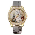 Women's quartz watch with Eiffel Tower dial, crystal bezel, and grey floral printed strap - Gray