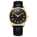 Macro detail of luxury gold watch with black leather strap and Arabic numerals - Black Dial Black Strap