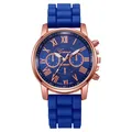 Macro shot of Geneva watch showing blue silicone strap texture and rose gold case detail - Dark Blue