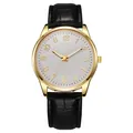 Macro shot of gold watch case with white textured dial and black leather strap detail - White Dial Black Strap