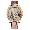 Detail of crystal-bezeled watch with Eiffel Tower dial and pink patterned leather strap - Pink