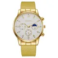Close-up of Geneva watch with gold Milanese strap, white dial and Roman numerals - White