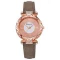 Detailed view of rose gold quartz watch with rhinestones and brown leather strap - Gray