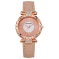 Detailed macro view of rose gold watch case with rhinestone bezel and pink leather strap - Off White