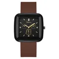 Detail view of square black dial with golden markers and brown silicone strap - Coffee