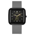 Detailed front view of square quartz watch with black case and grey silicone strap - Gray