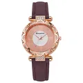 Detail of rose gold quartz watch with crystal bezel and purple leather strap - Purple