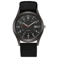 Tactical quartz watch with black nylon strap and military style dial with date window - Black