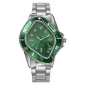 Macro detail of distorted watch case with green dial and stainless steel link band - Silver Green