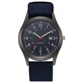 Detail of military quartz watch with navy blue nylon strap and 24-hour dial calendar - Blue