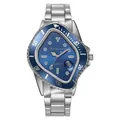 Macro detail of asymmetric shield-shaped watch case with blue dial and date window - Silver & Blue