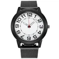 Close-up of minimalist black mesh strap watch with clear white dial and red second hand - White Face Black Strap