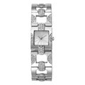 Detail of square silver watch featuring a diamond-set hollow metal band and sunburst dial - Silver White Dial