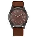 Macro detail of military quartz watch face with date window and brown canvas strap - Coffee