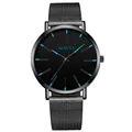 Geneva minimalist quartz watch with black mesh strap and blue markers on white background - Blue Font + Black Strap