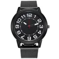 Close-up of black quartz watch with large white numerals and mesh stainless steel strap - Black Face Black Strap