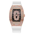 Roségouden tonneau kwartshorloge met diamanten lunette en witte siliconen band - Wit