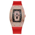 Tonneau-horloge in roségoud met diamanten en een rode siliconen band variant - Rood