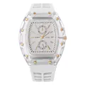 Transparant tonneau herenhorloge met witte band en gouden ster-details op de kast - Wit