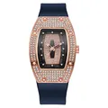 Roségouden tonneau-horloge met kristallen en donkerblauwe siliconen band dames - Blauw