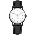 Detail of quartz watch dial with black leather strap and white contrast stitching - Gunmetal White Dial Black Strap