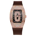 Tonneau horloge met roségouden diamanten kast en donkerbruine siliconen band dames - koffiekleur