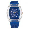 Detail van de transparante tonneau-kast met gouden sterren en blauwe siliconen horlogeband - Blauw